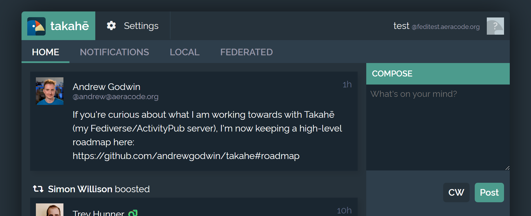A screenshot of Takahe